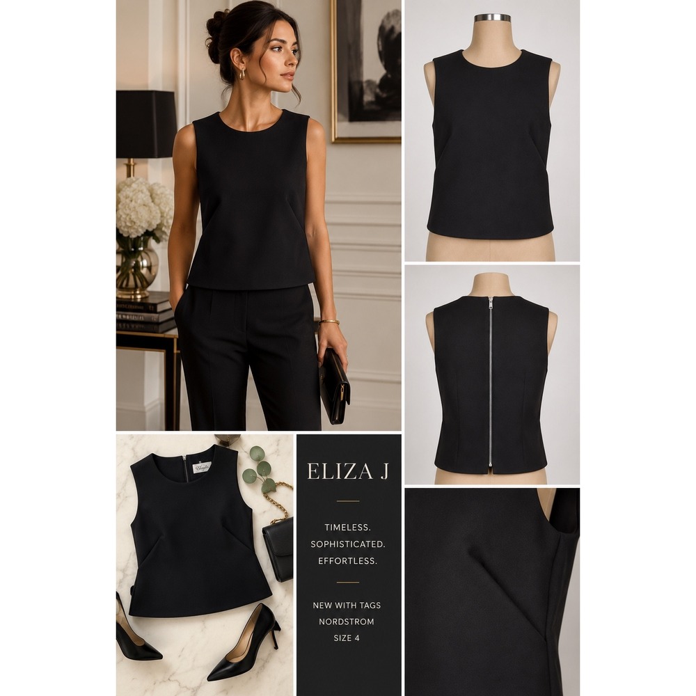NWT Eliza J Black Sleeveless Structured Top SZ 4 Minimalist Zip Back